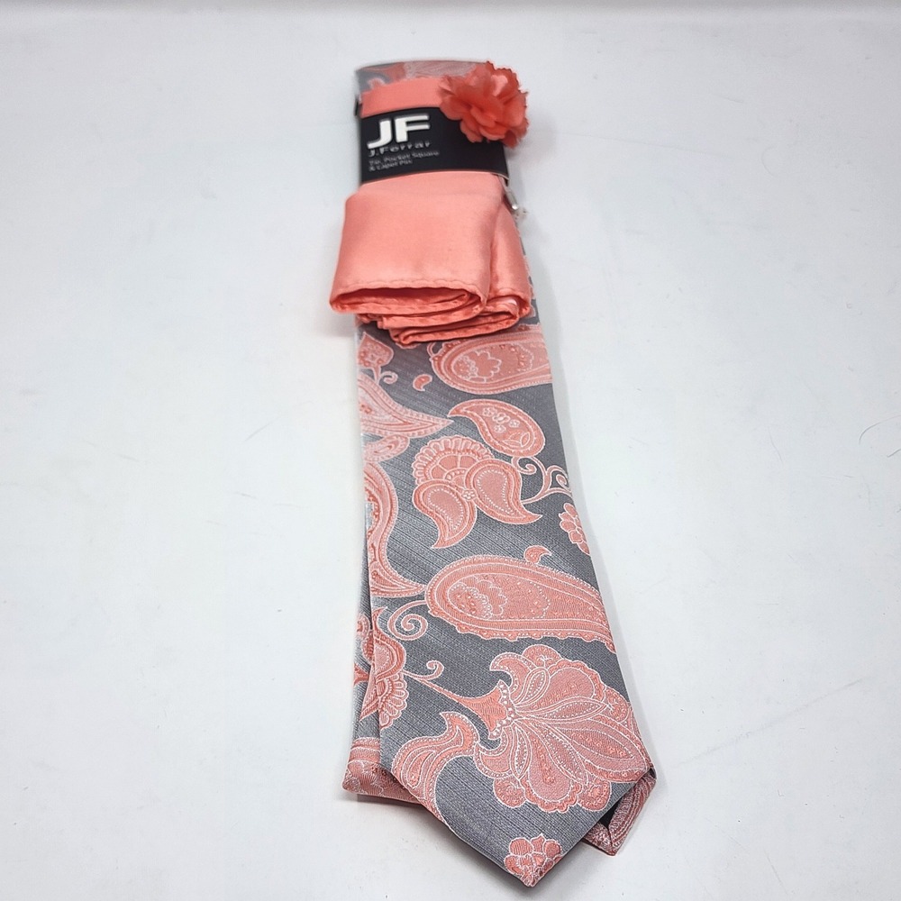 J.Ferrar Tie Pocket Square Lapel Pin Set One Size Paisley Microfiber Coral Grey